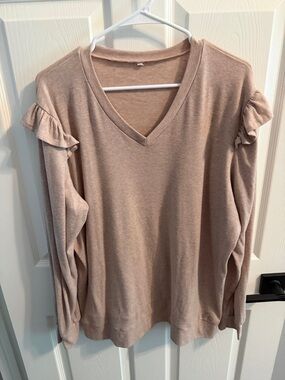 Amazon Dusty Taupe V-Neck Ruffle Shoulder Long Sleeve Top